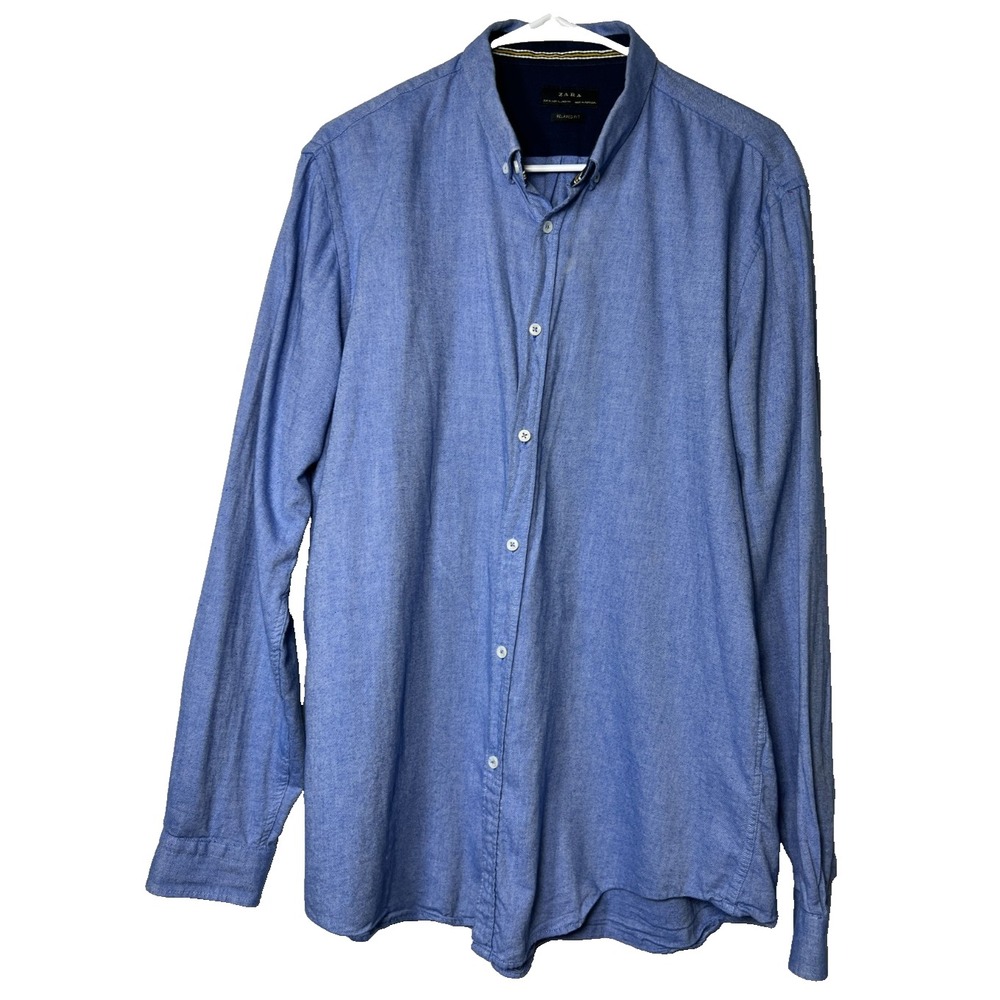 ZARA Men's Blue‎ Relaxed Fit Button Up Shirt Long Sleeve Cotton XL- Portugal